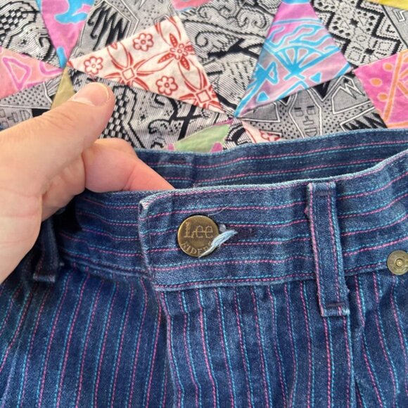 VTG Lee Railroad Pinstripe High Waist Made USA 13 Womens Jeans Leather Patch 80s - Picture 4 of 8
